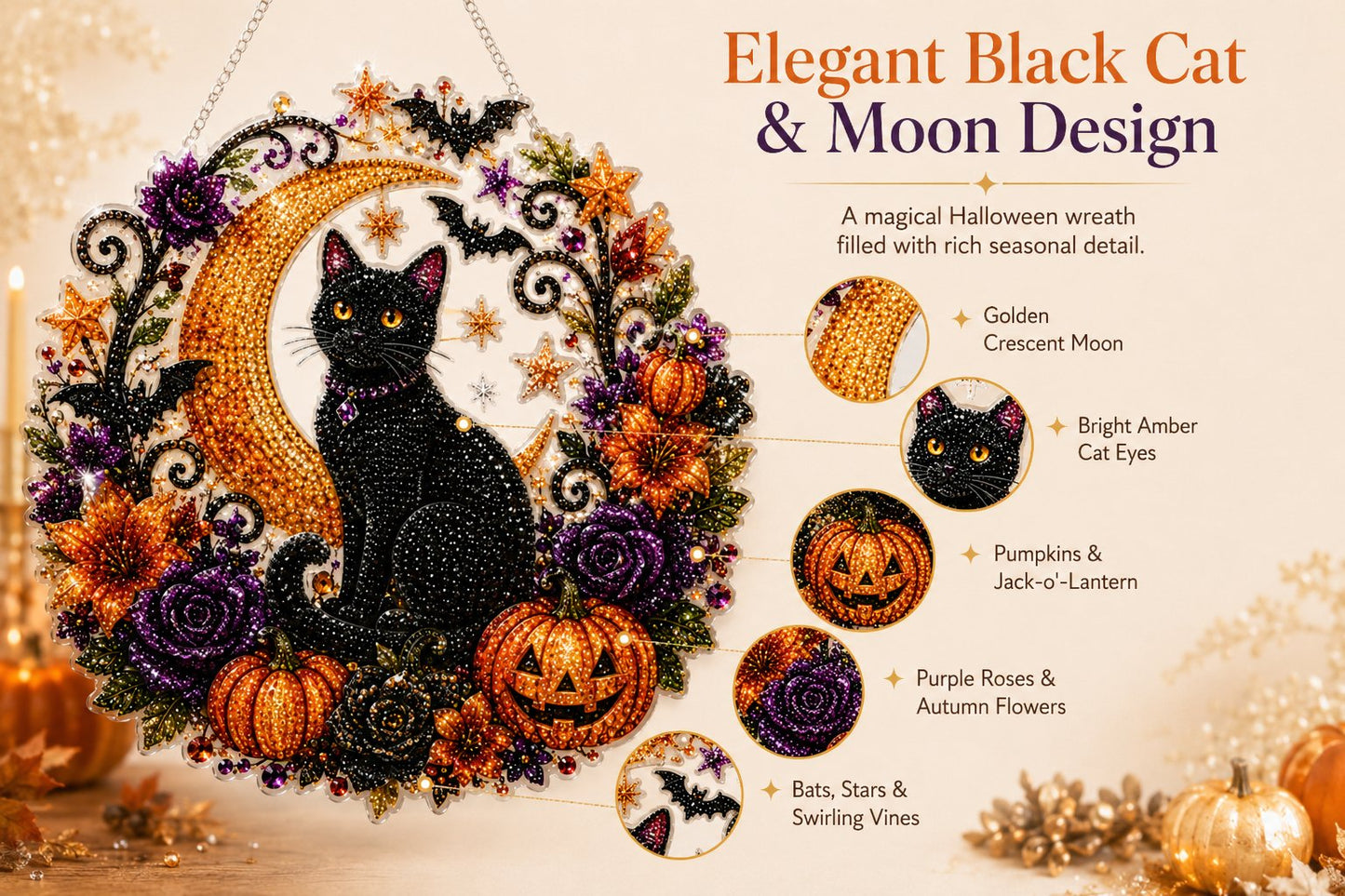 🐈‍⬛🎃Halloween Black Cat Moon Diamond Art Hanging Ornament Kit
